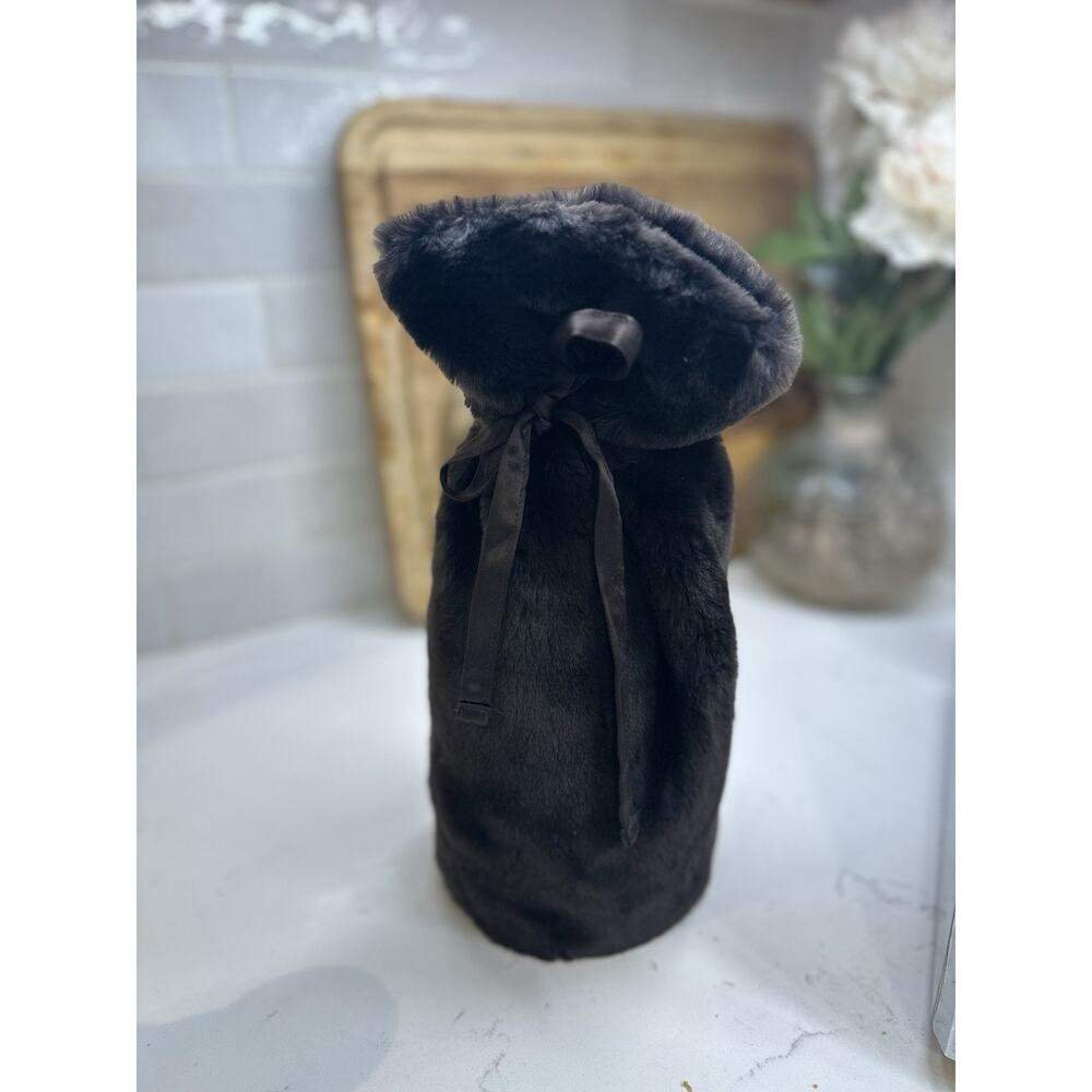 Faux Fur Wine Bottle Bag - VTG Pottery Barn - dark chocolate with silk tie - Picture 5 of 9